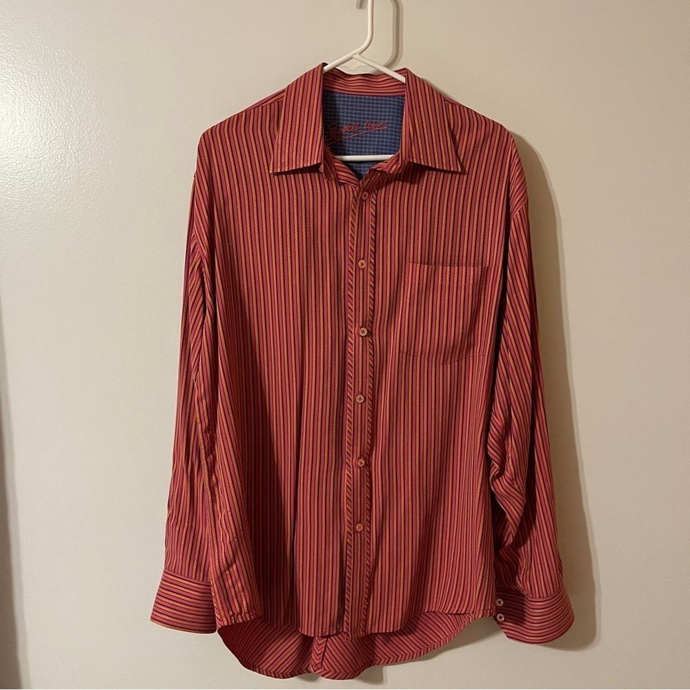 Men’s Bugatchi Uomo Pink and Orange Pin Stripe Button Up Long Sleeve